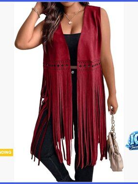 Plus Size Western Fringe Vest with Tassel Hem Sleeveless Jacket
